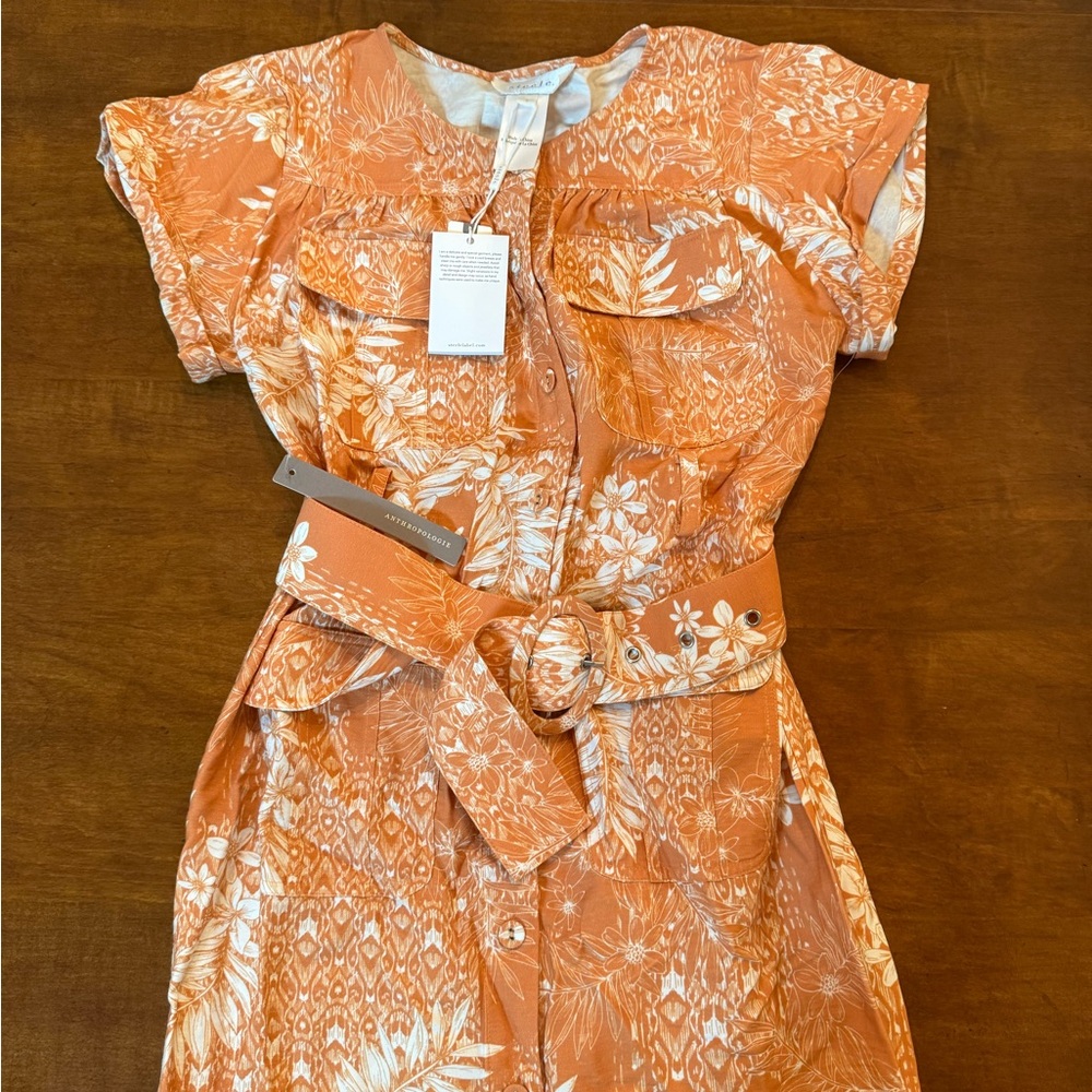 Steele Orange Floral Button-Front Dress with Belt and Pockets